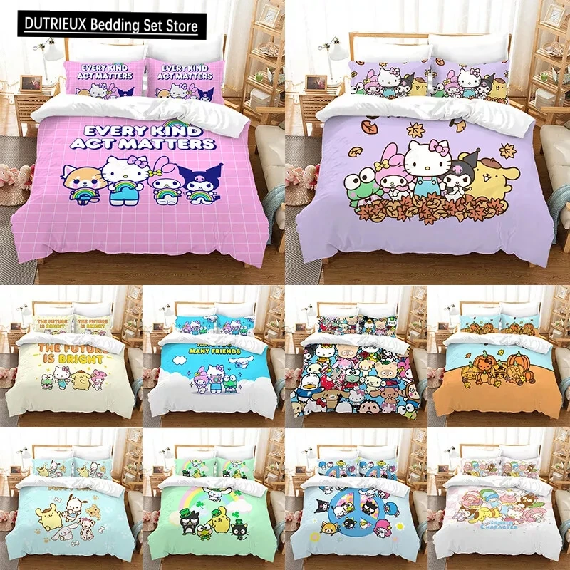 Hello Kitty Kuromi Melody Duvet Cover Cinnamoroll Cartoon Kids Family Bedding Set Pillowcase Duvet Cover for Bedroom Decoration