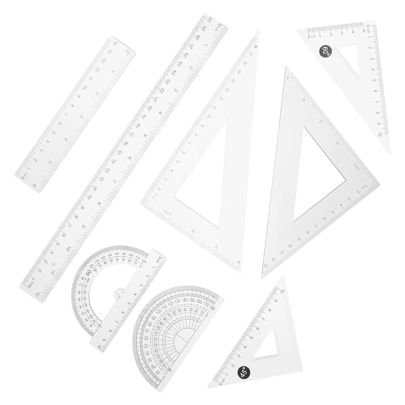 8pcs Triangle Ruler Set Transparent Plastic Geometry Math Ruler Protractor Straight Scale Portable Storage Clear Scales