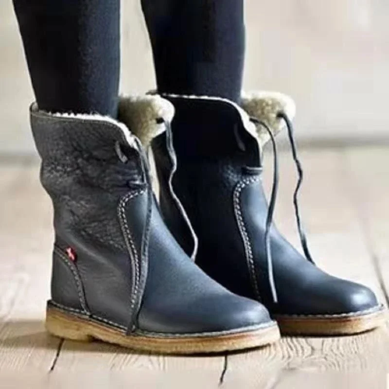 New 2021 Women Winter Mid Calf Boots Leather Snow Boots Lace  Up Plush Fur Warm Slip-on Ladies Shoes Square Heel Short Boots