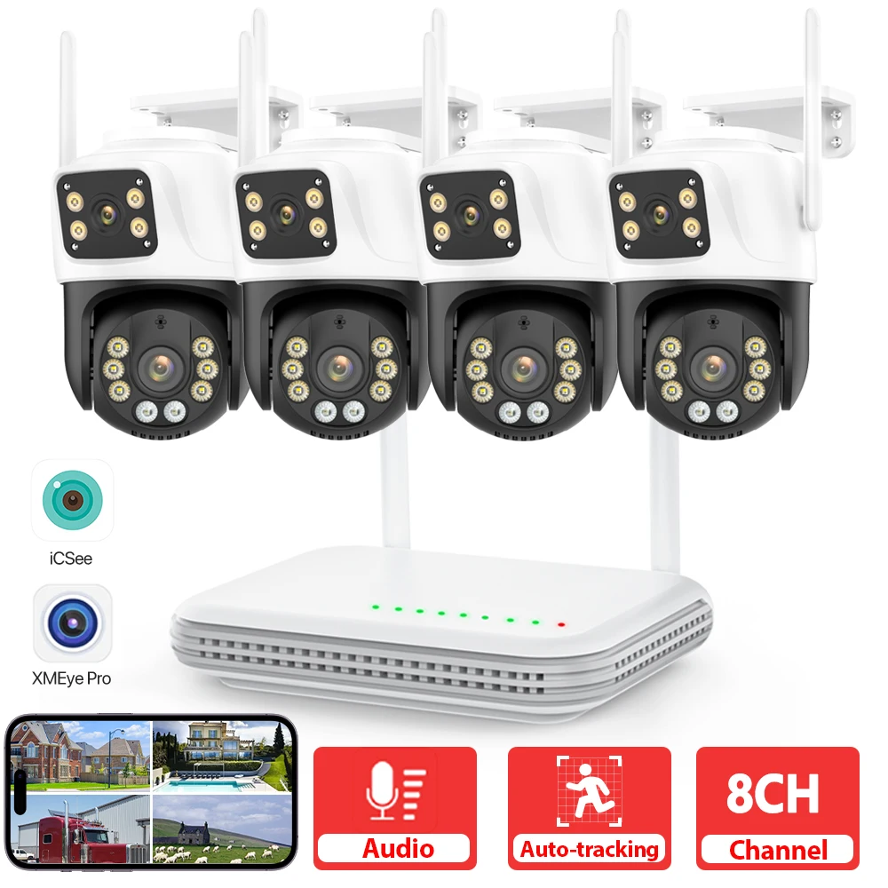 Wifi NVR Camera System 8CH 6MP Wireless Outdoor PTZ Camera Kit CCTV 2-Way Audio Color Night Vision Video Surveillance Set iCSee