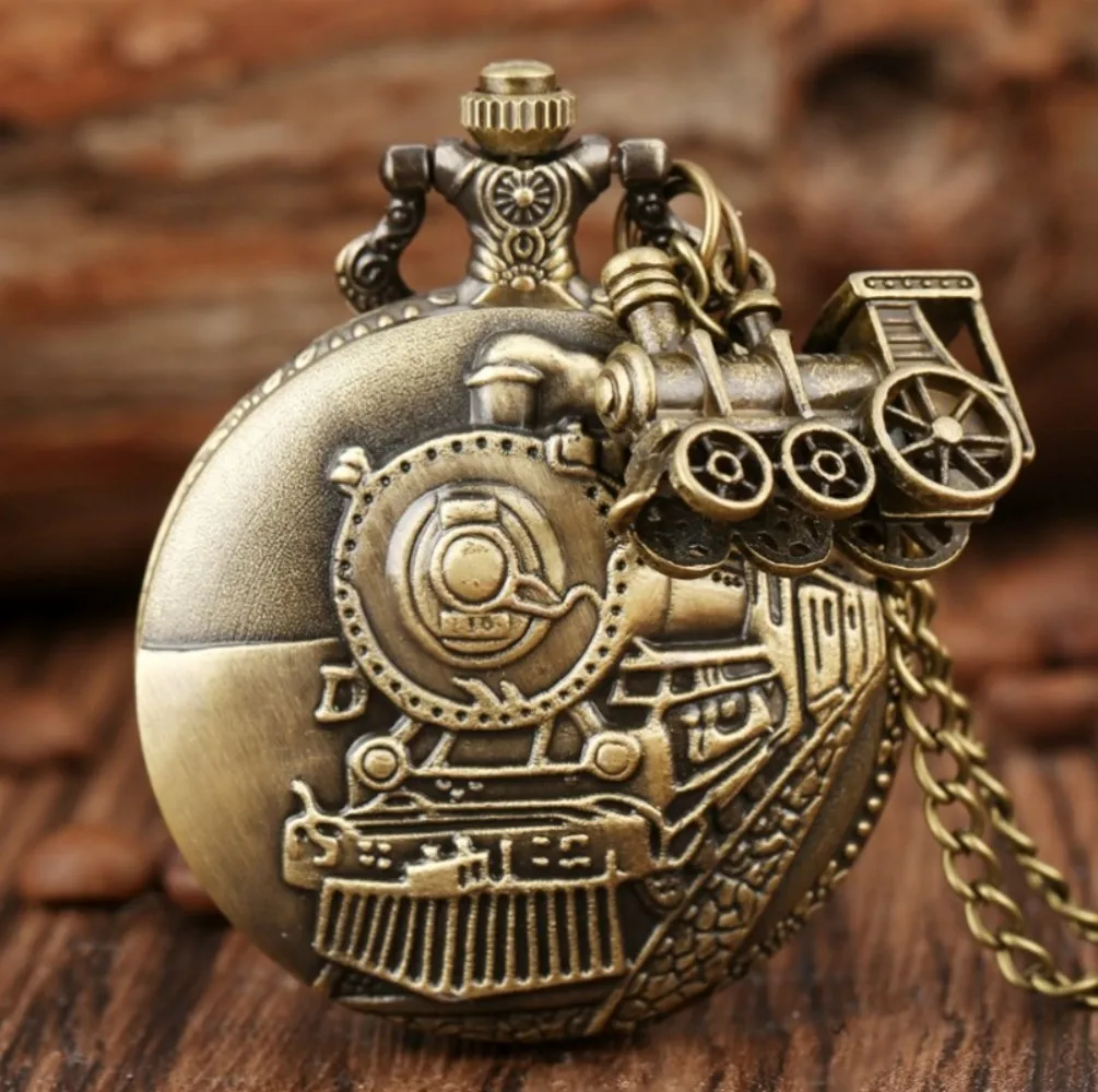 Vintage Classic Steampunk Train Quartz Pocket Watch with Necklace Chain Pendant Souvenir Gift Clock for Male Men and Kids