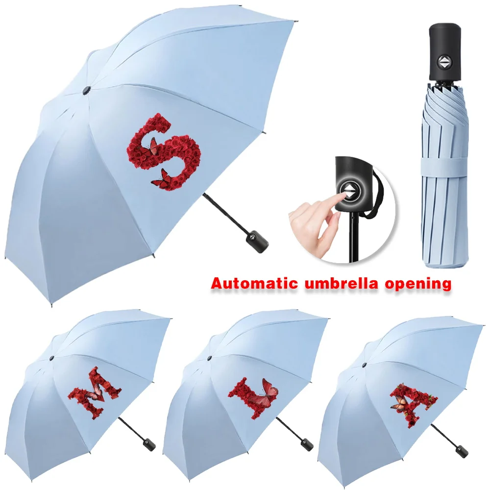 Automatic Umbrella Portable Sunshade Sunscreen Blue Handle Foldable Use Rain Umbrellas Red Rose Printing Travel Sun Rain Dual