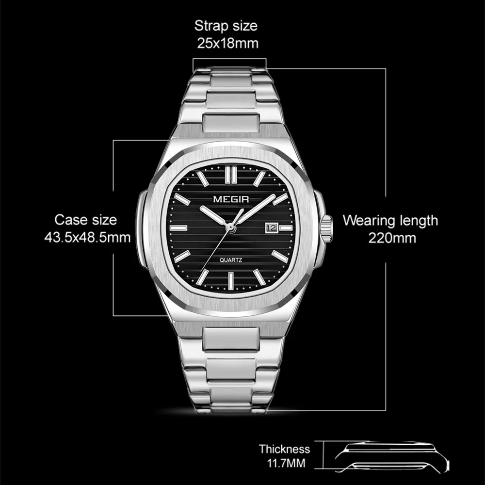 MEGIR Classic Stainless Steel Bracelet Quartz Watch for Men Waterproof Calendar Business Leisure Wristwatch Big Dial Clock 1084