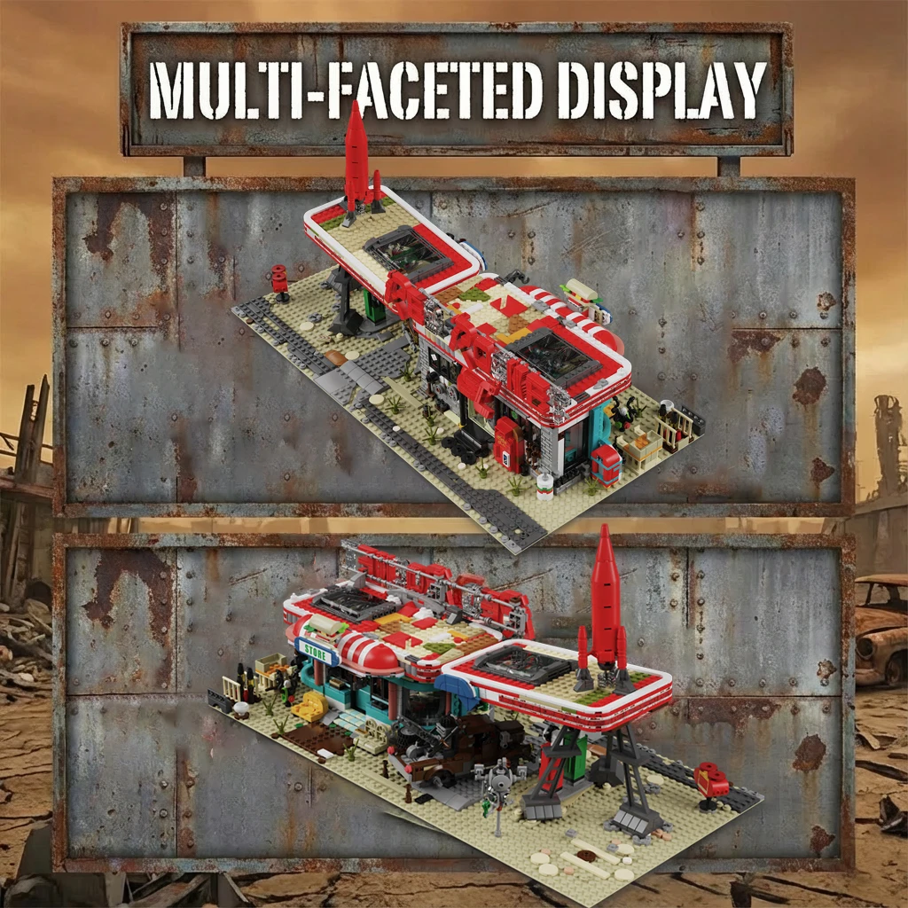 Juego de películas, estación de gasolina abandonada roja, arquitectura Doomsday MOC House, modelo de bloques de construcción modulares, Kit, regalo para niños y adultos, 2731 Uds.