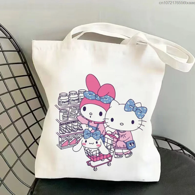 Sanrio Hello Kitty Student Cartoon Canvas Bag Y2k Women Large Capacity Shoulder Handheld Bag Lightweight Storage Shopping Bag