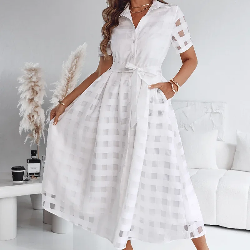 Malha dupla camada cintura cinched feminino turn-down colarinho xadrez uma linha camisa vestido botão para baixo laço cintura maxi vestido