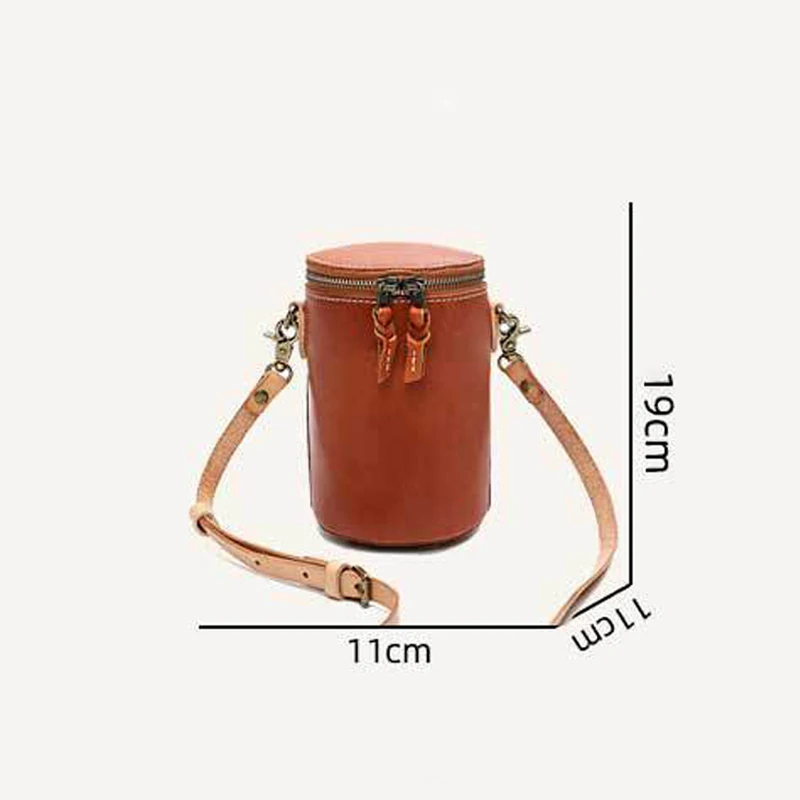 Bolsa de telefone em formato de barril, vintage, couro de vaca genuíno, carteiras de armazenamento, mulheres, moda ao ar livre, chique, sólida, pequena, bolsa de ombro crossbody