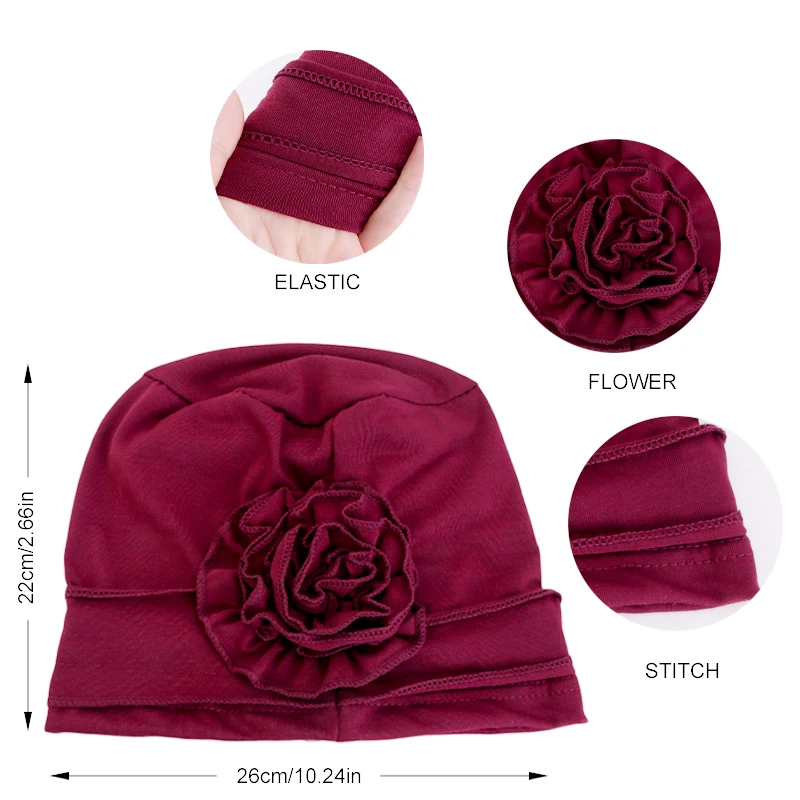 New Elegant Women Solid Color Flower Cuffed Turban Hat Soft Cancer Chemo Head Scarf Hats Beanie Cap Elastic Covers Wraps