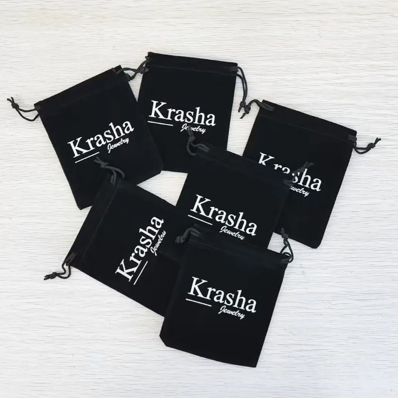 

1000 Pieces 10*12cm/3.9*4.7inches Black Velvet Drawstring Bags Screen Printing With White Logo Customised Logo