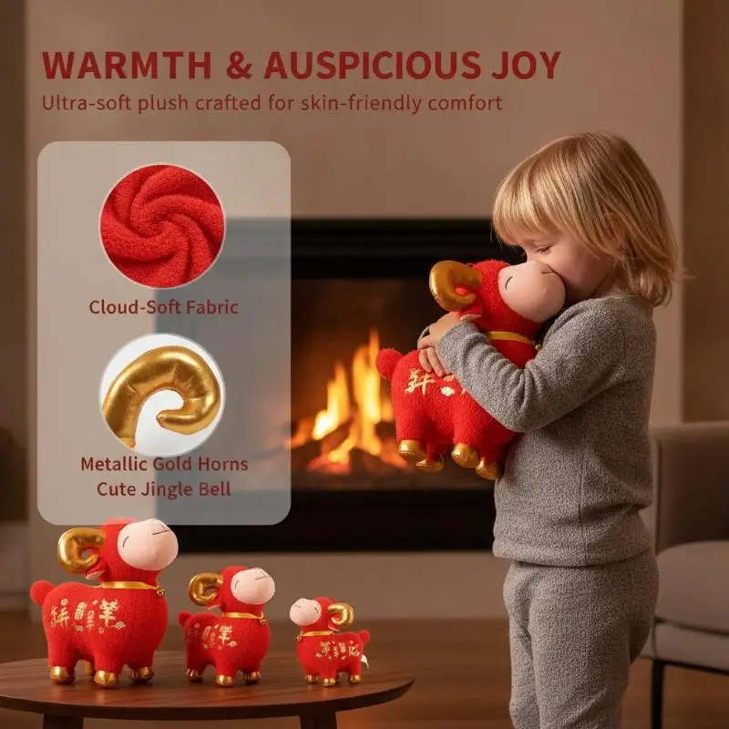 Red Zodiac Sheep Stuffed Doll 1PC Year of Goat Plush Mascot with Horn Bell for Kids Spring Festival Gift