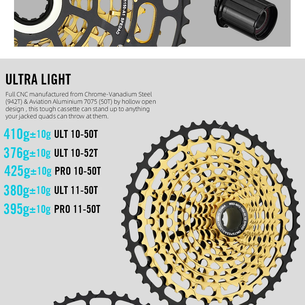 SPEDAO 12 Speed MTB Cassette 10-52T 10-50T 11-50T XD HG Freewheel Lightweight CNC K7 Sprocket Drivetrain Upgrade Bike Parts