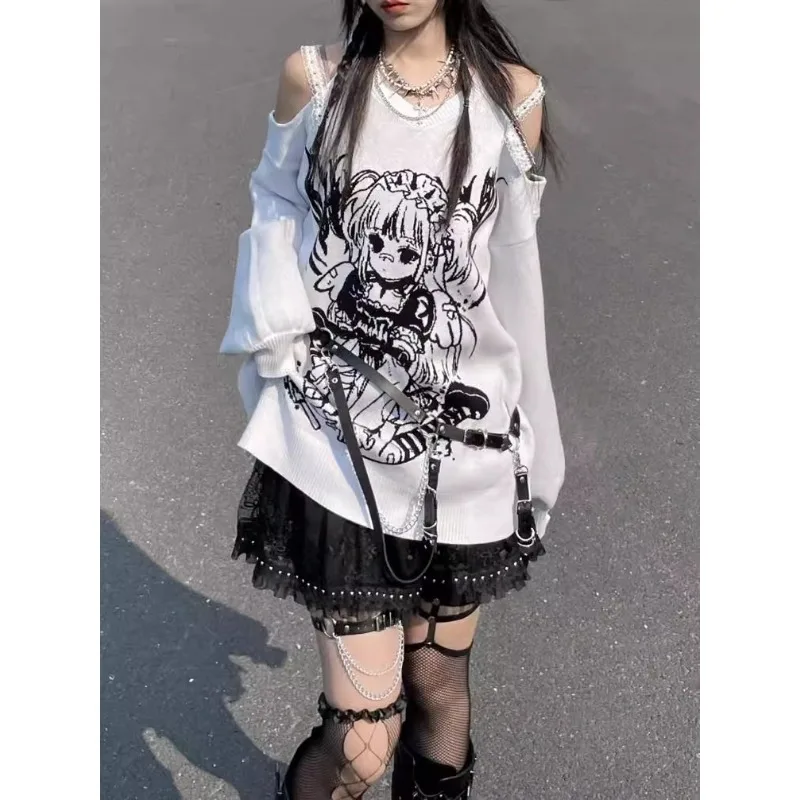 Subcultura y2k primavera 2024 outono camisa solta fora do ombro punk com decote em v longo topos mulher preto branco harajuku camisas