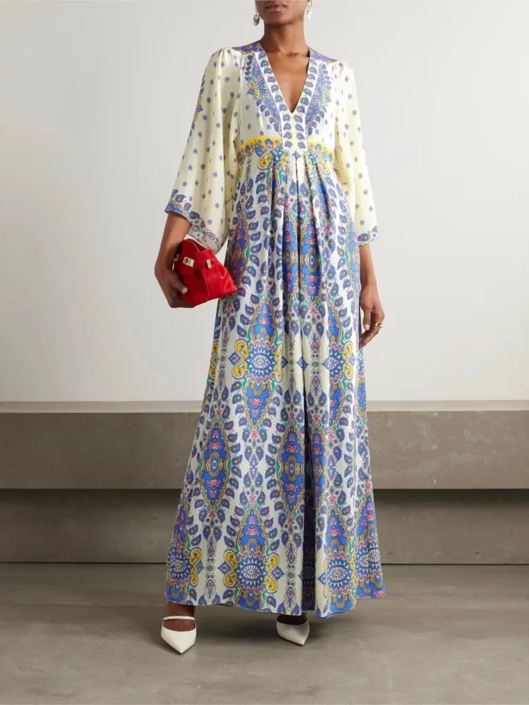 

Summer Loose And Comfortable Casual Positioning Digital Print V-neck Long Skirt Holiday Style Three-quarter Sleeve Fashion Dress