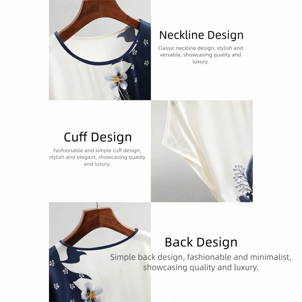 เสื้อผ้าสไตล์วินเทจพิมพ์ลายดอกไม้ คอทรงกลม ผ้าไหมซาตินหลวมสบายสำหรับผู้หญิง เสื้อยืดแขนสั้น 3 ขนาด