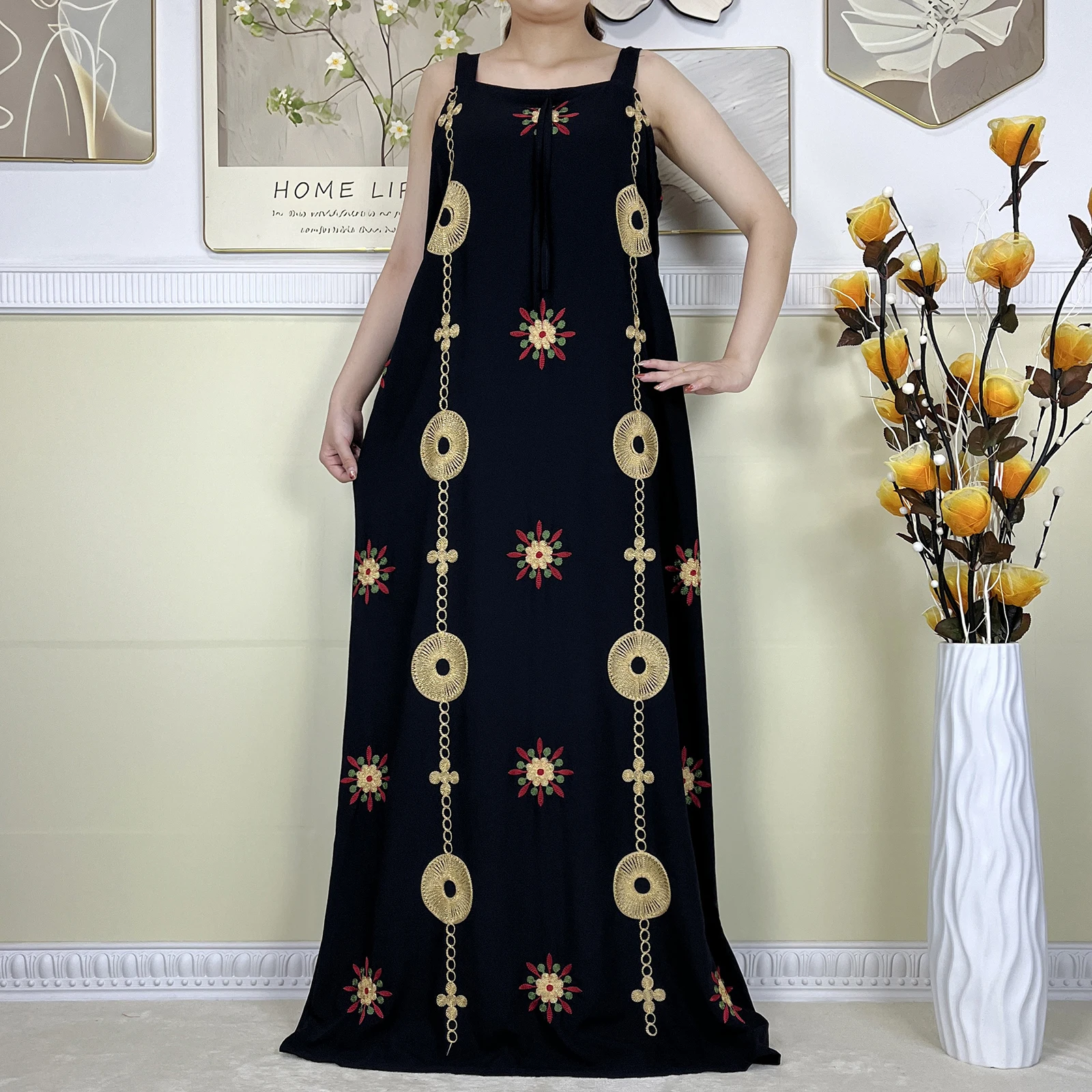 New Dubai Party Women Summer Sleeveless Dress With Big Scarf Cotton Embroidery African Lady Elegant Maxi Islam Casual Vestidos