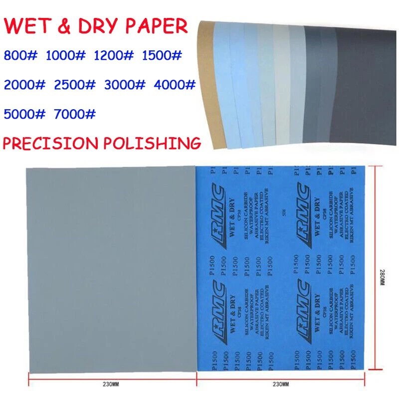 Papel de lija seco y húmedo CP38, 800, 1000, 1200, 1500, 2000, 2500, 3000, 4000, 5000, 7000 de grano, abrasivo impermeable, A4, 230x280mm, 2 hojas