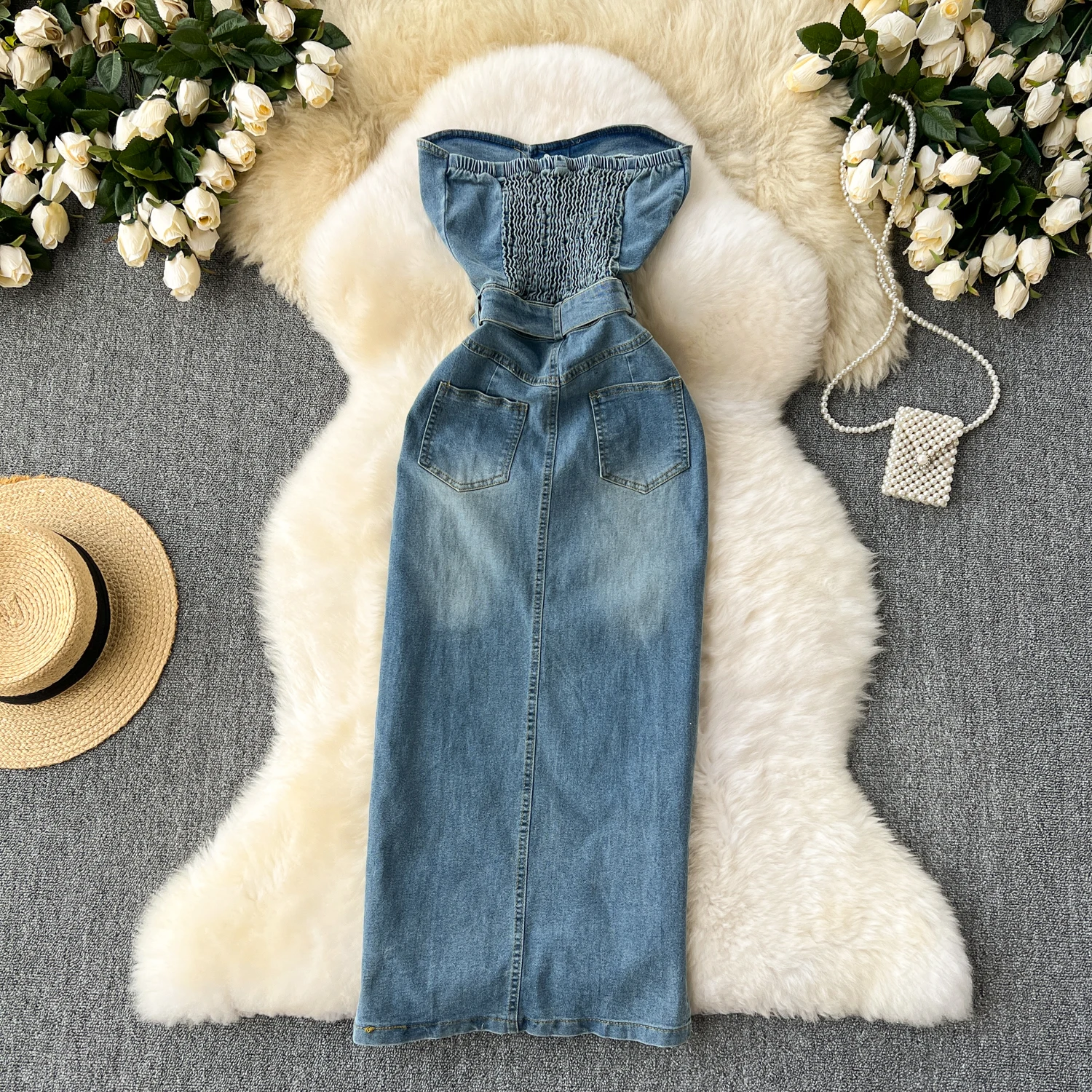 Women Sleeveless Denim Maxi Dresses Summer 2024 New American Pure Desire Spice Girl Fanny Pack Hip Slit Denim Dress