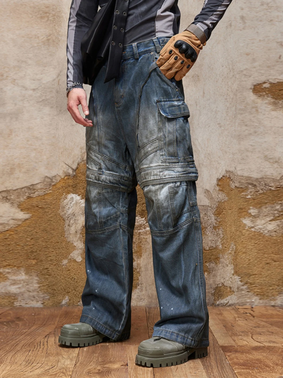 

American Sle Detachable Functional Wide Leg Men's Jeans Loose Straight Hem Dyeing Post Aalyptic Sle Motorcycle Long Pants