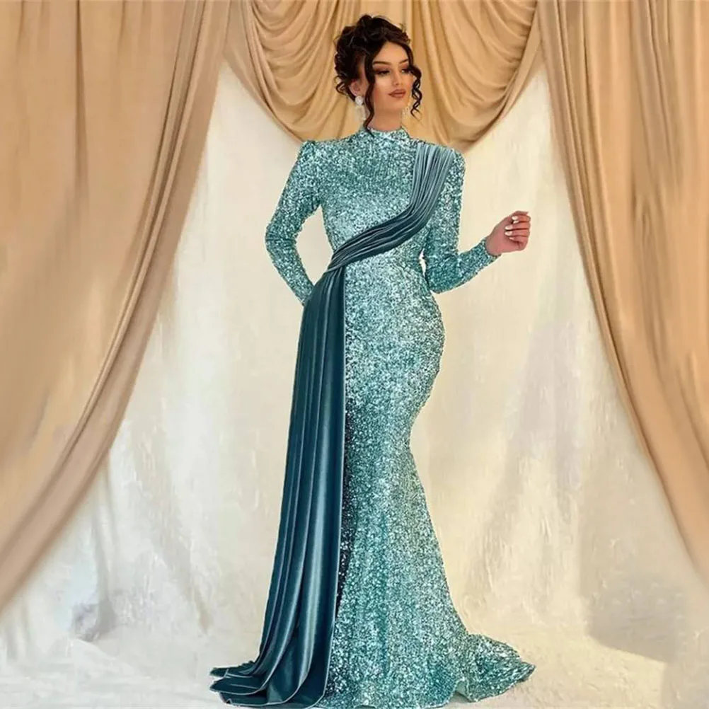 

137 High-Neck Mermaid/Trumpet Engagement Formal Evening Dress/Bridal Girl Wedding Party Prom Gowns Sequins Lace Free Shipping