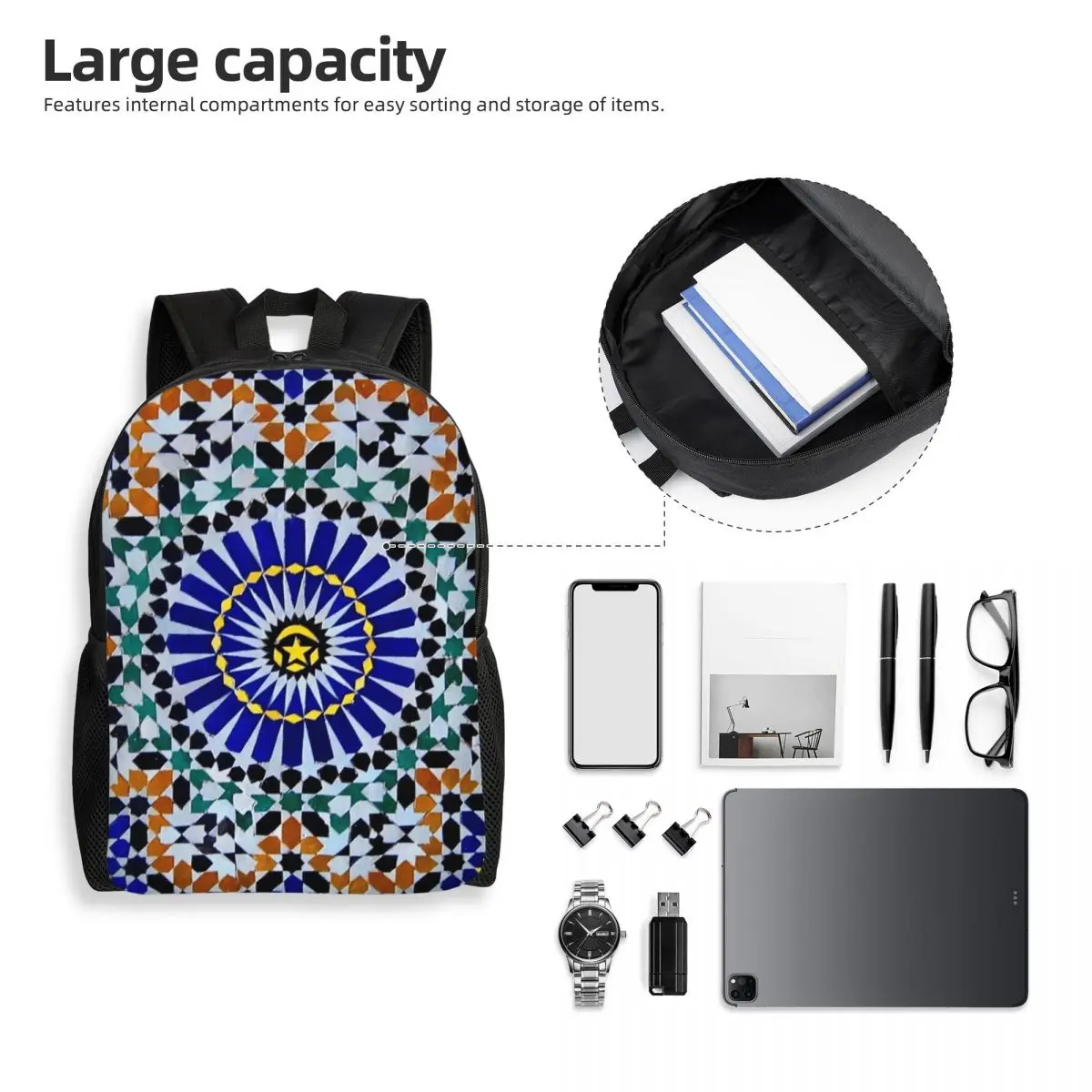 Arabic Tiles Moroccan Mosaic Backpack Student Boys Girls BookBag School Bag Computer Shoulder Bags