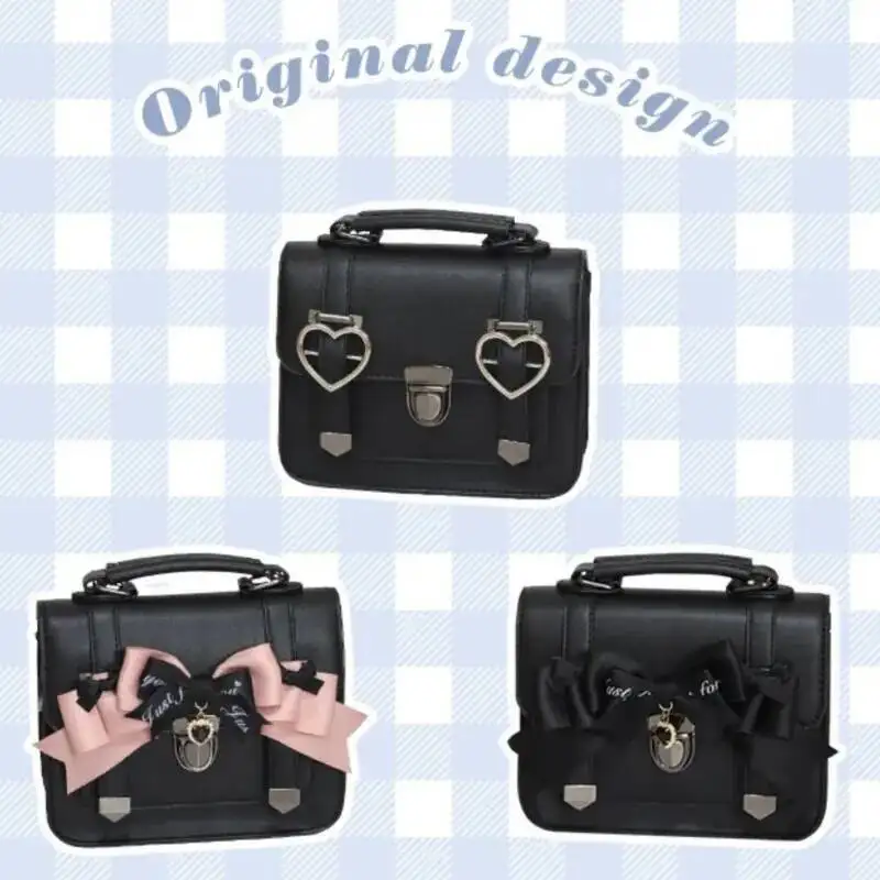 Bloom Japanese Bow Black Messenger Bag Women JK Uniform Handle Square Crossbody Ladies Vintage Lolita Shoulder Bags