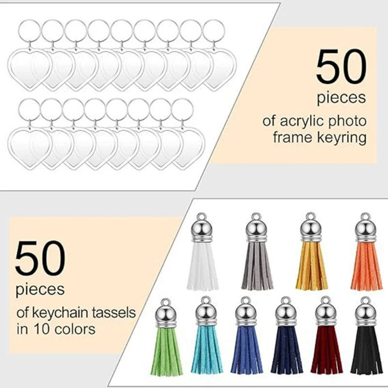 Set of 50 Acrylic Heart Frames with Flowing Tassels Delicate Key Rings Jewelry Suitable for DIY Enthusiasts and Crafters