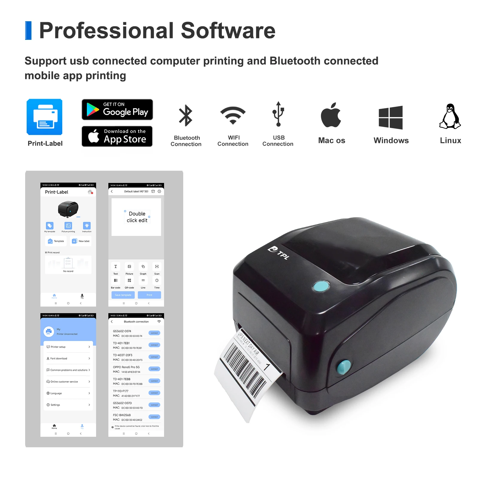 Высокоскоростной термотрансферный принтер штрих-кодов TD-403T 4*6 с USB, Wi-Fi и LAN-интерфейсом для печати этикеток для POS-систем и доставки