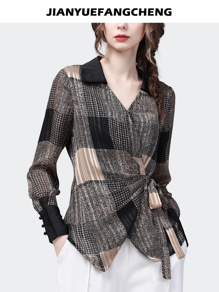 French Style V-neck Chiffon Plaid Shirt Women Spring Summer New Long Sleeve Turn-down Collar Casual Lace-up Tops and Blouses