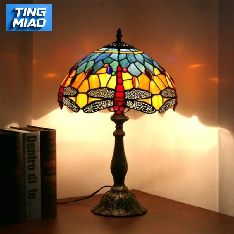 

French Table Lamp 8 Inches Stained Glass Bedside Lamp Red Rose Desk Reading Light Bedroom Living Room Home Office