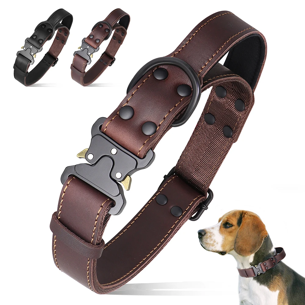 Soft Real Leather Dog Collar Genuine Leather Durable Collars with Safe Buckle Handle for Medium Large Dogs German shepherd