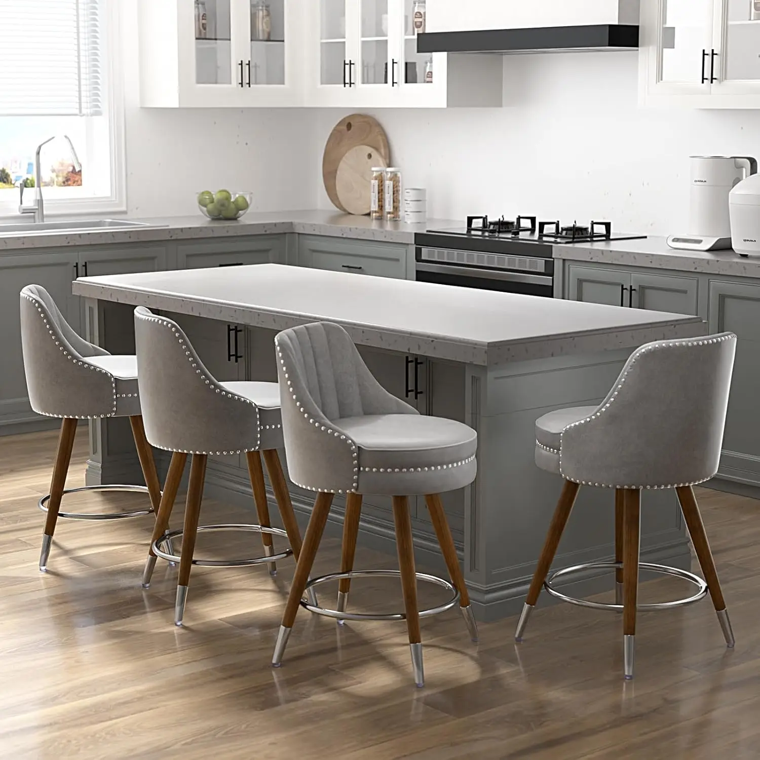 

Набор из 4 барных стульев высотой с прилавок, 24 дюйма, кожаные барные стулья со спинками, поворотные стулья для прилавка с деревянными ножками, на заказ