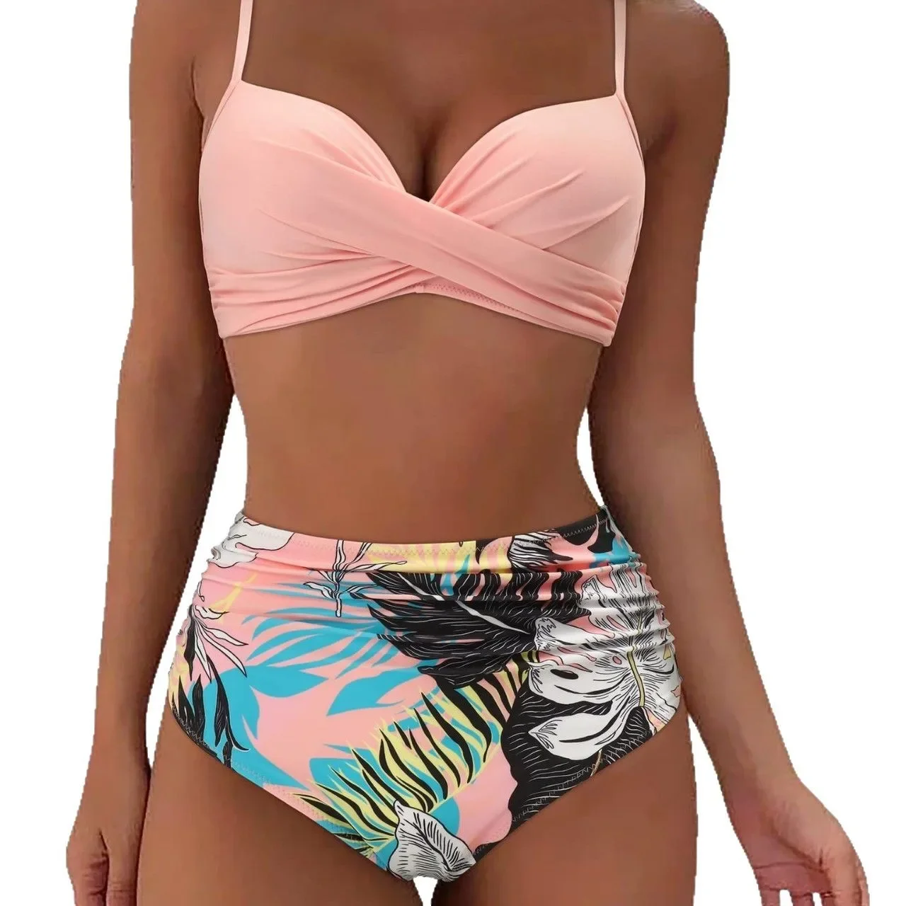 Areathable New Swimsuit Split Bikini Solid Color Cross Strap Explosion High Waist Swimsuit Sexy