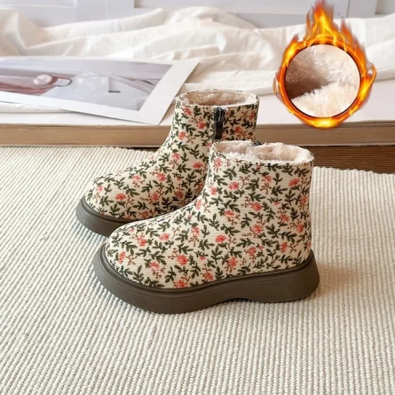 Kids Fleece Lined Floral Snow Boots Girls Soft-Soled Non-Slip Casual Cotton Shoes Lightweight Warm High-Top Boots Child Students