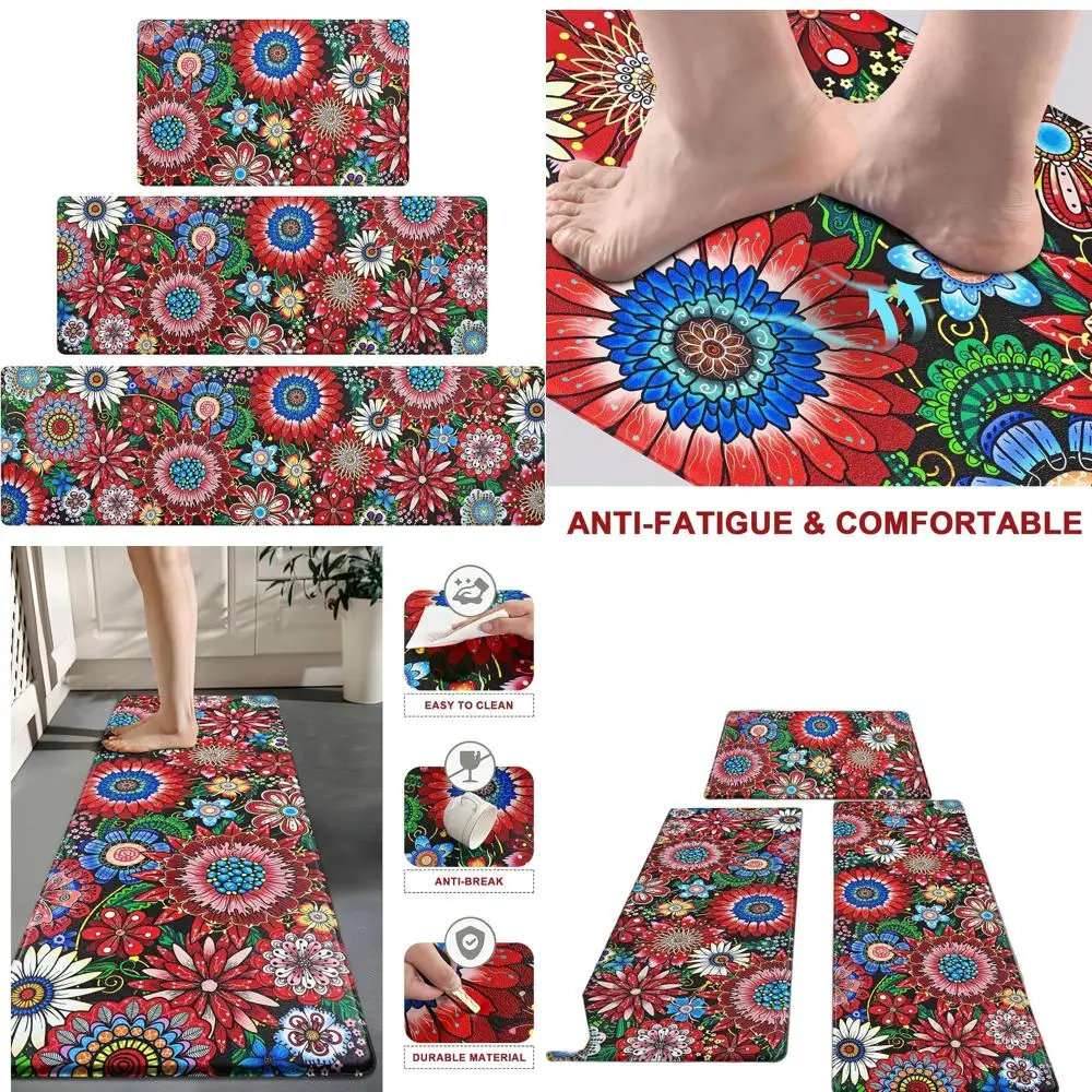 

Floral Bohemian Cushioned Kitchen Mats, Anti-Fatigue Non-Slip Washable, 18x30, 18x48, 18x60, Red