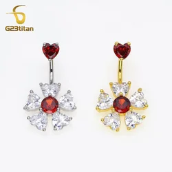 G23titan Red Zircon Flower Belly Button Ring 14G Surgical Titanium or Steel Barbell Bar Piercing Women Accessories Navel Jewelry