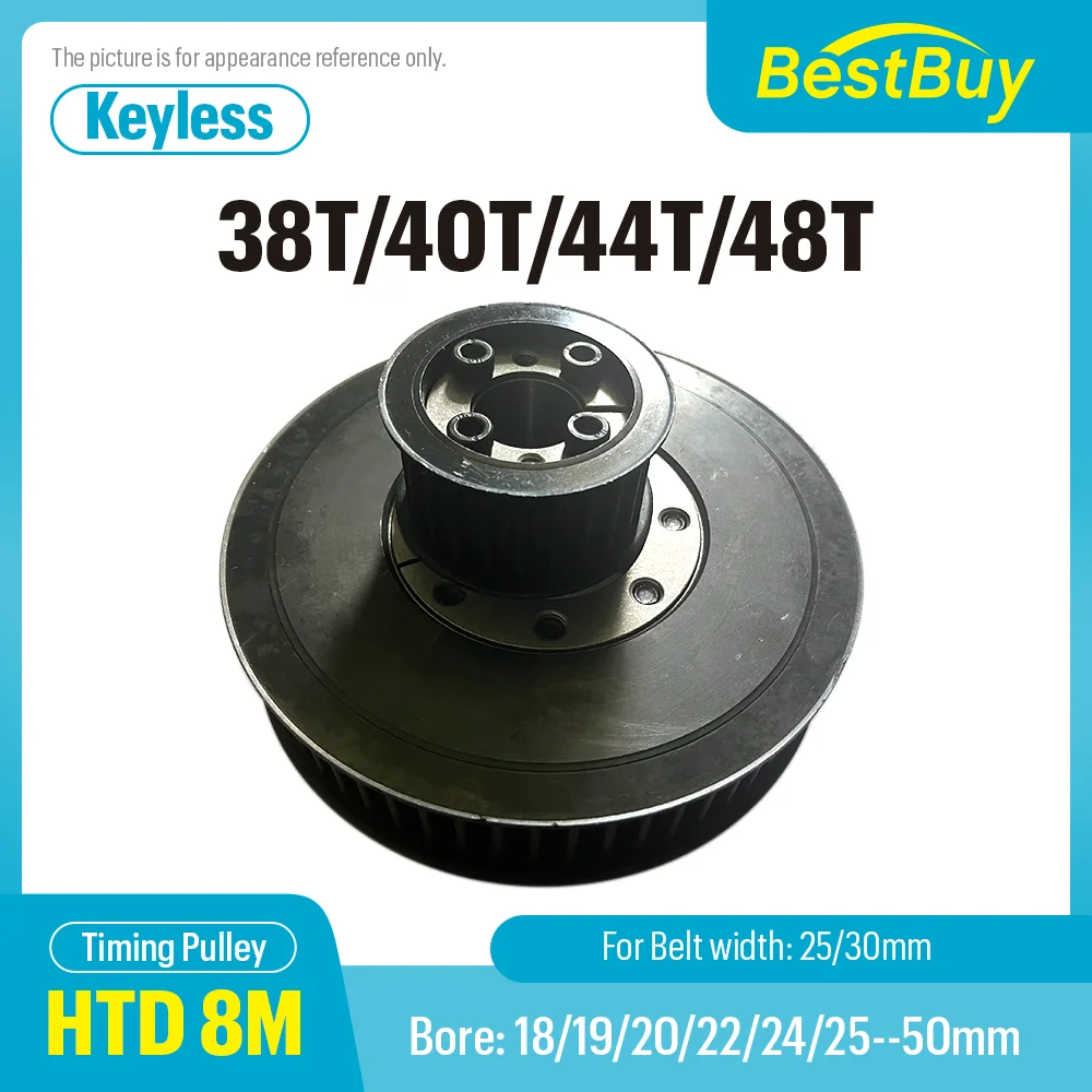 

Синхронное колесо 38T/40T/44T/48T HTD8M с бесключевой втулкой, диаметр 18-50 мм, стальной шкив ГРМ для ремня шириной 25/30 мм