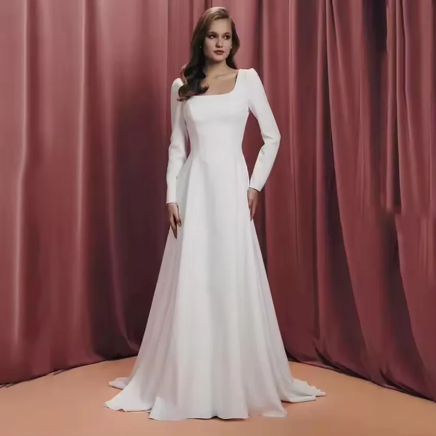 

Modern Elegant Wedding Dresses Long Sleeves Square Neck Women Formal Bridal Gowns Outdoor Wedding Party Robe Customized