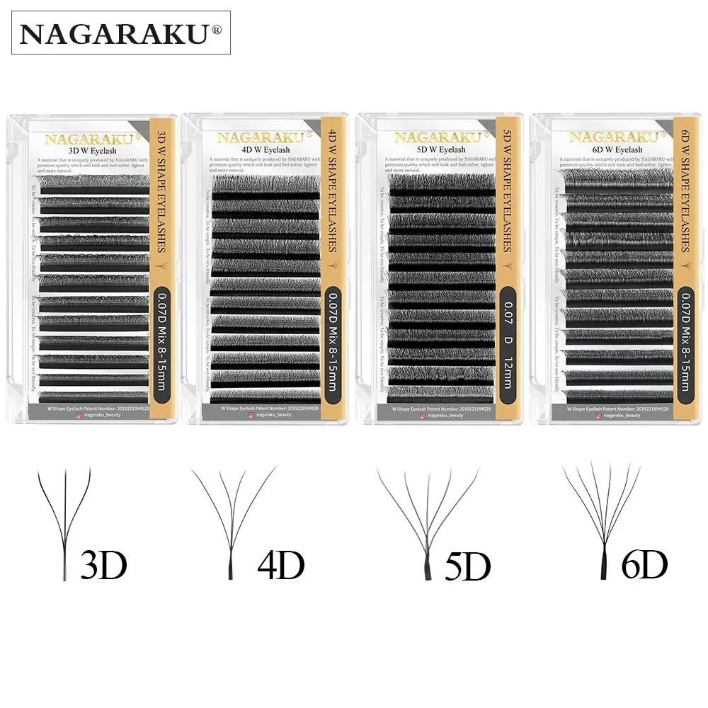 NAGARAKU-Extensions de Cils en Forme de W, Préfabriqués, Floraison existent, Naturel, Doux, observateur, Complètement Dense, 3D, 4D, 5D, 6D