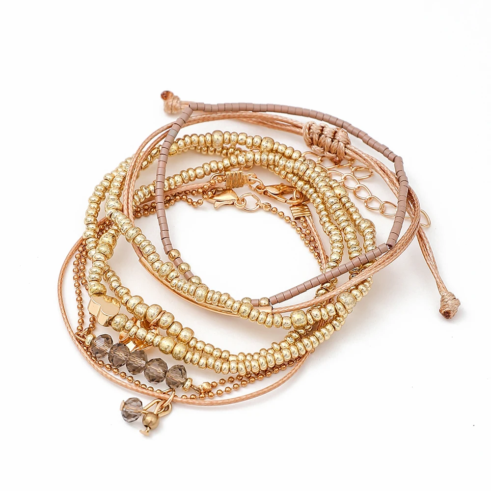 7Pcs/Set Bohemian Style Heart Beads Round Pendant Adjustable String Beads Bracelet CCB Elastic Bracelet Set For Women image 4