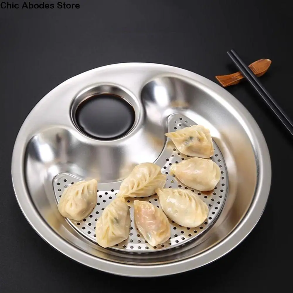 

Drain Board Stainless Steel Dumpling Plate Thick Divided Serving Dish with Vinegar Dish Food Grade Flat Bottom