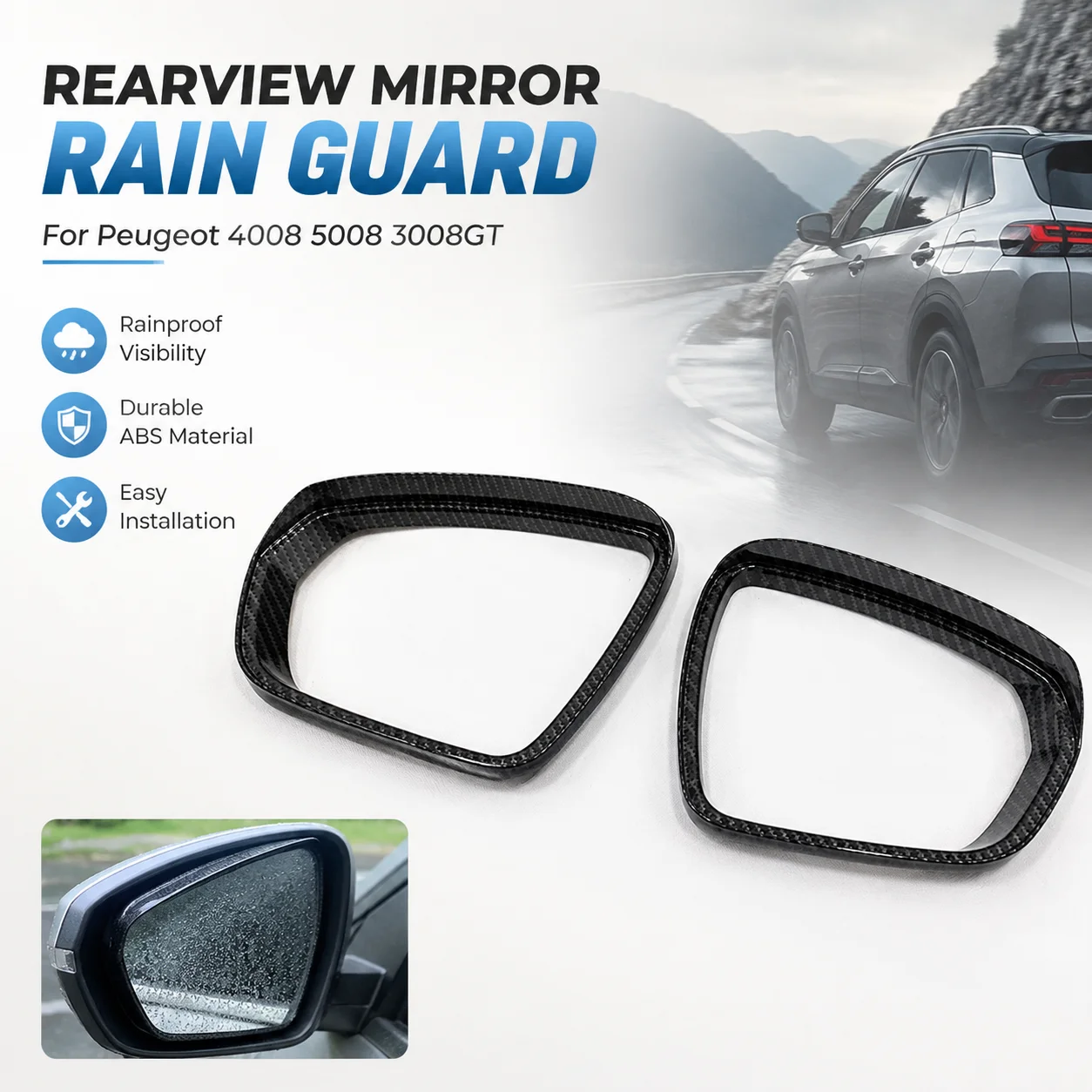 Peugeot 4008 5008 3008GT Rearview Mirror Rain Guard ABS Carbon Fiber