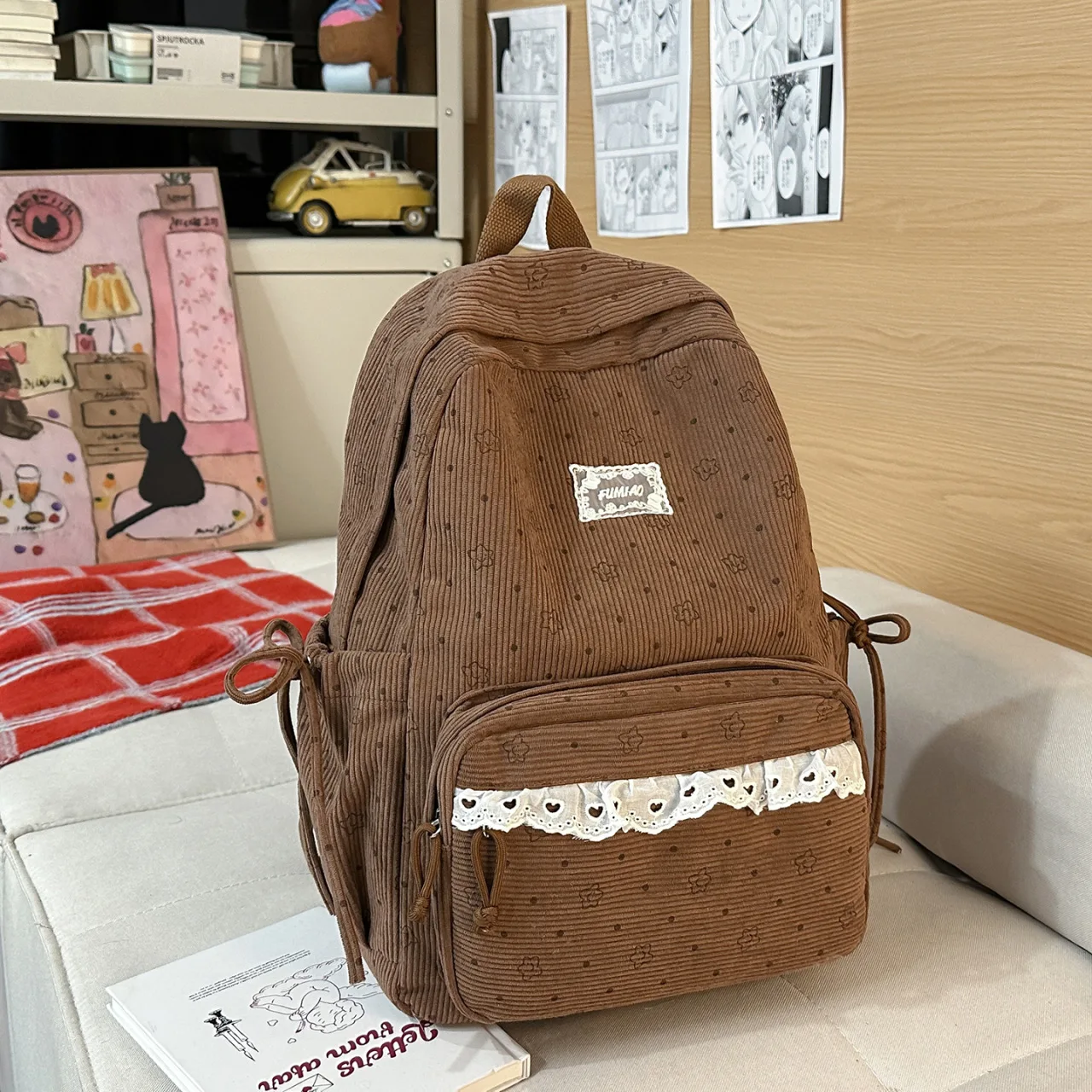 Women's Cream Corduroy Backpack with Flower Print and Lace Trim, Cute Polka Dot School Bag for Girls