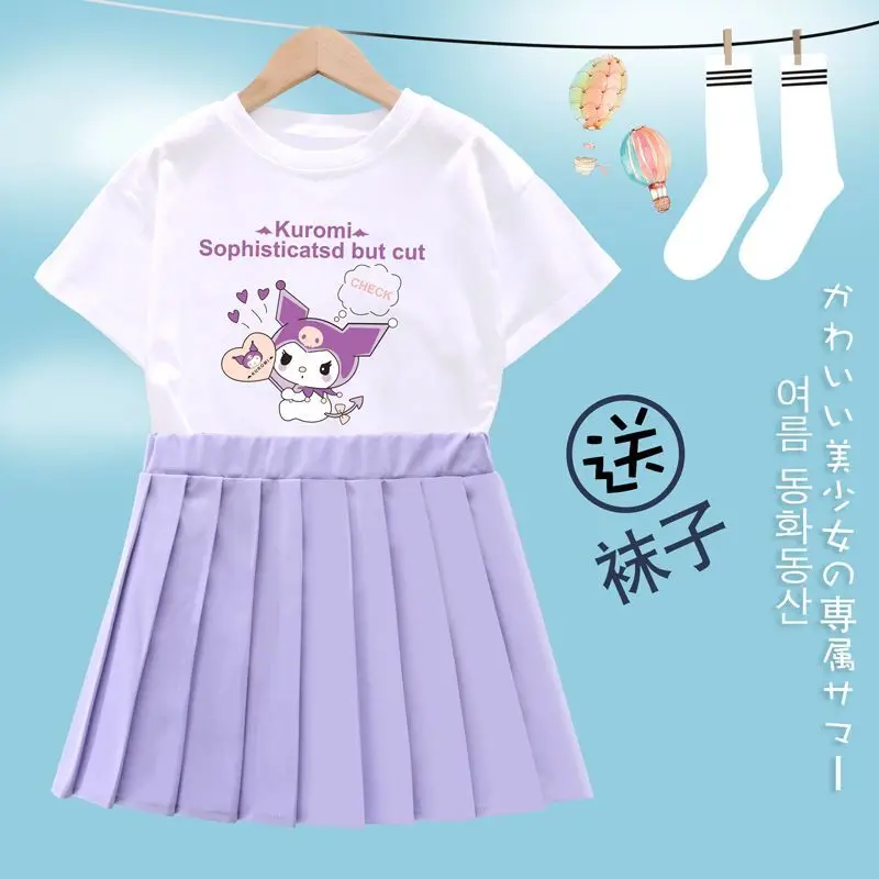 Kawaii Sanrioed Mijn Melodie Kuromi Meisjes Geplooide Rok Set Mode Jurk Preppy Jk Pak Korte Mouw Zomer Meisjes Kleding Cadeau