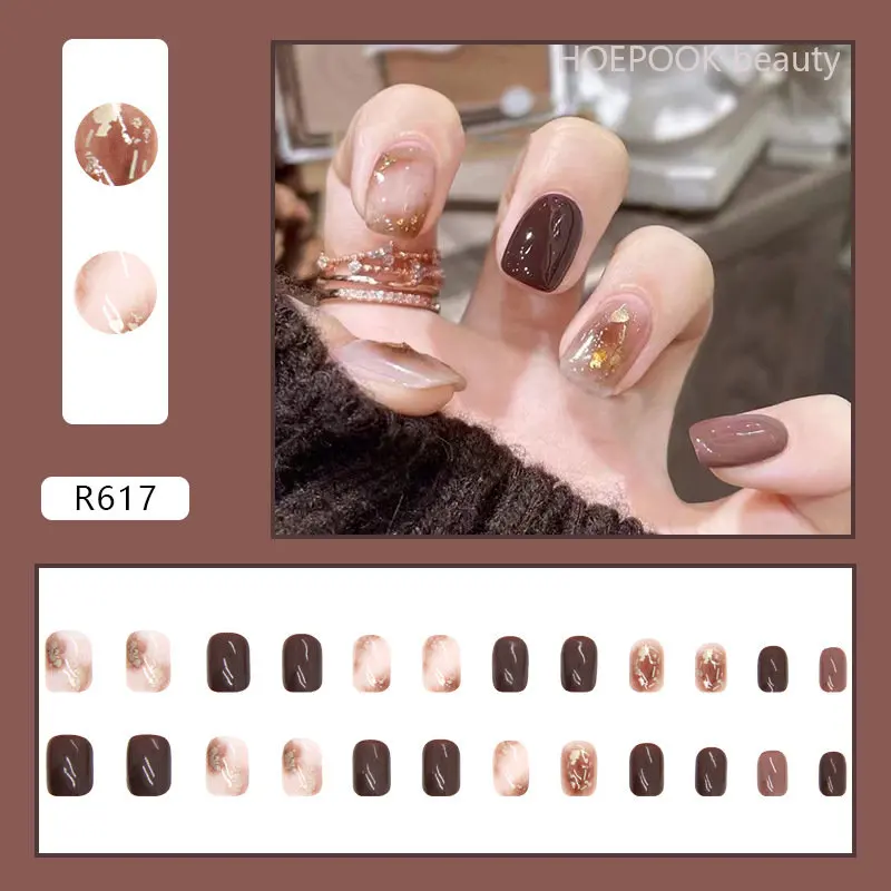 24 stks Goud Bruin Halo Dye Afgewerkt Nep Nagels Art Volledige Dekking Waterdicht Druk Op Kunstnagels Set Vrouwen Meisjes Nail Art Decoratie