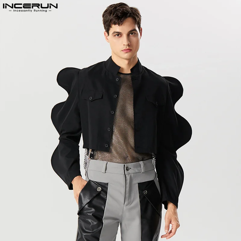 2023 Men Jackets Solid Stand Collar Petal Long Sleeve Thin Outerwear Streetwear Single Breasted Fashion Male Crop Coats INCERUN