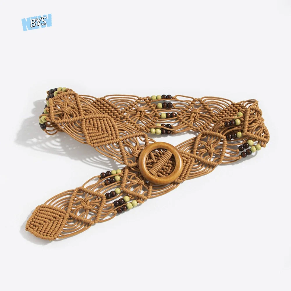

Vintage Woven Weave Belt Wax Rope Hollow Out Ethnic Style Waistband PU Leather Holiday Style Waist Rope Dress Decoration