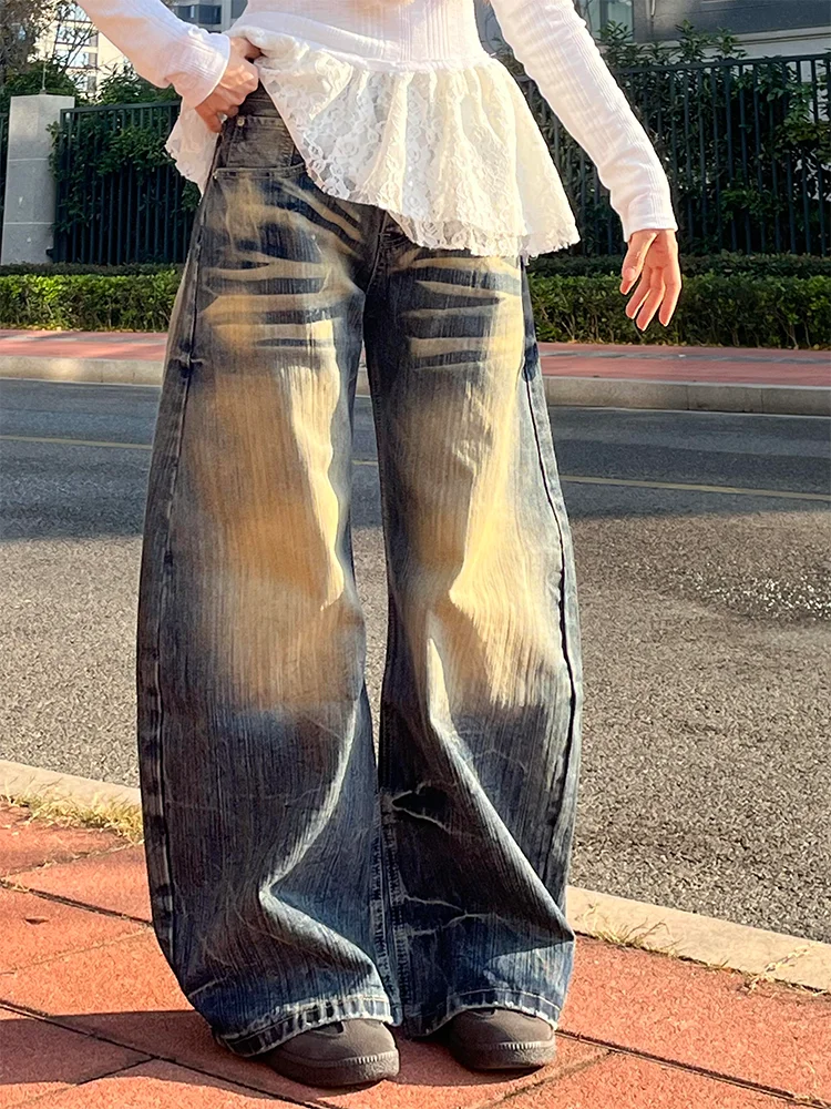 

Retro Large Size American Design Washed Mud Denim Pants High Waist Wide Leg Casual Style Medium Wear Resistant Daily Use