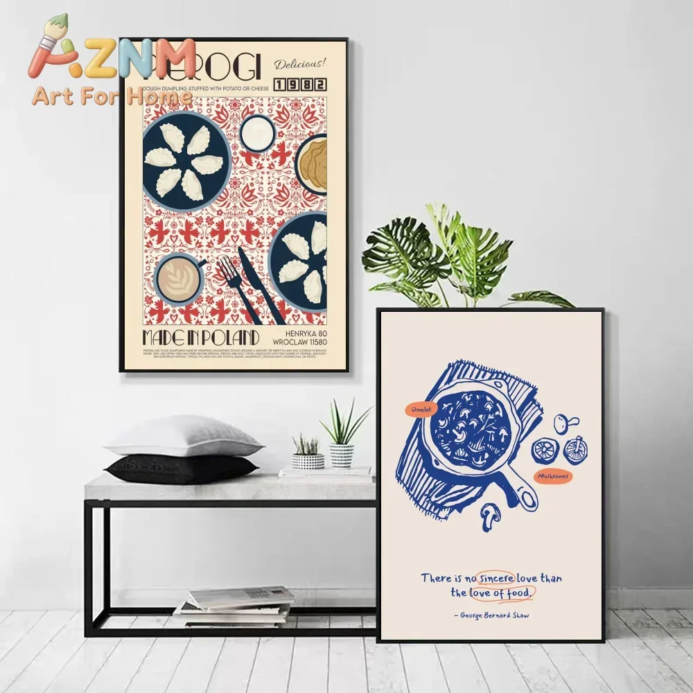 1pc Abstract Dumpling Spaghetti Strawberry Coffee Abstract Poster Self-adhesive Art Waterproof Paper Sticker Wall Decor
