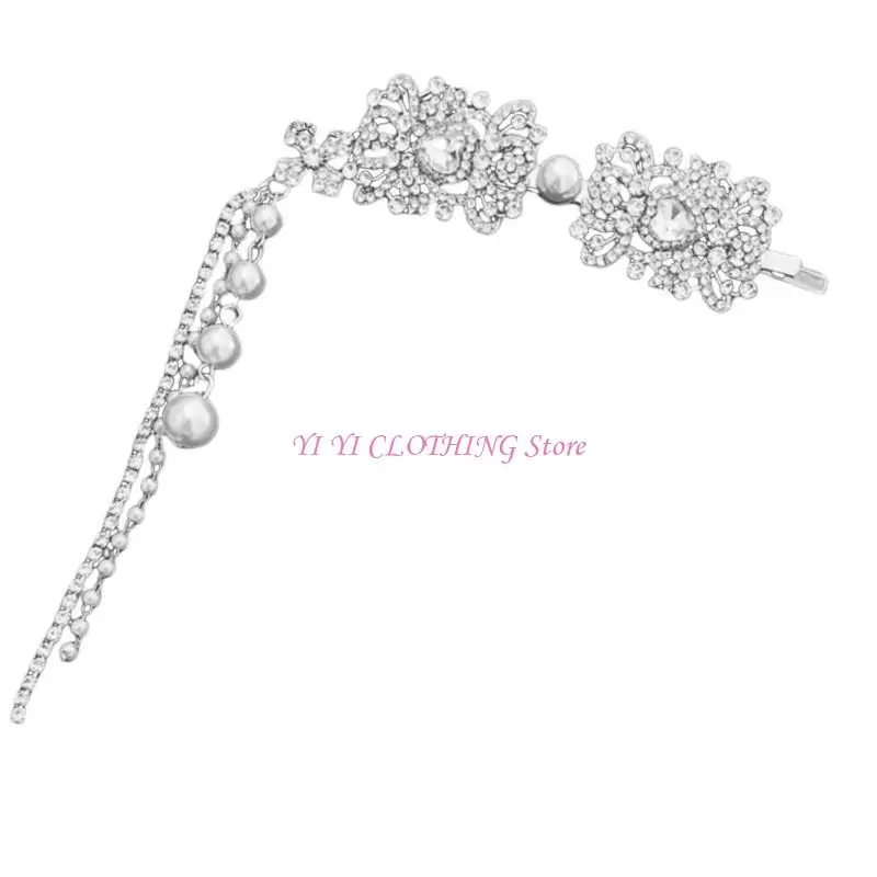 

N5KF Elegant Silver Tassels Hair Clip with Rhinestones and Pearls Unique Ethnic Hairpin Stylish Hairpiece for Weddings