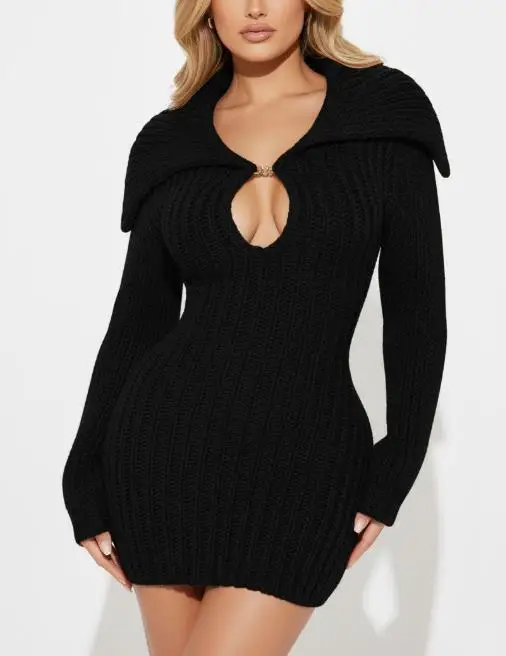 2025 Elegant Sexy New Fashion Commuting Winter Big Collar Slim Fit Elastic Lantern Sleeve Woolen Dress